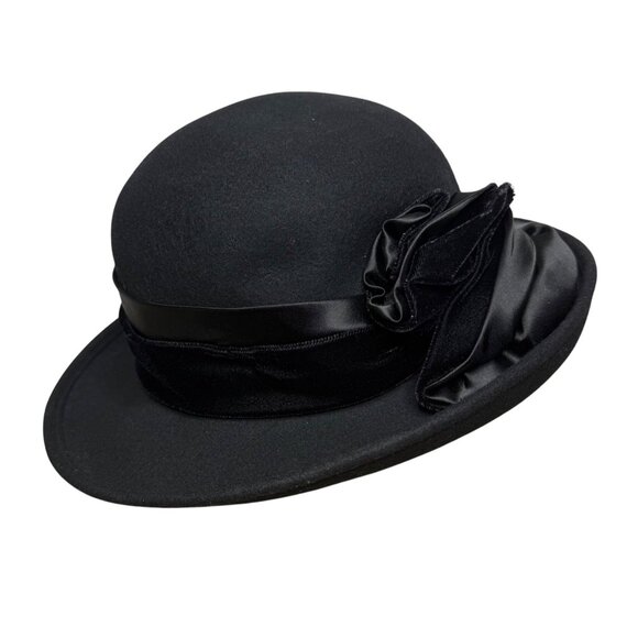 Vintage Lord & Taylor Womens Black Felt Wide Brim Hat Satin & Velvet Bow Size OS - Picture 1 of 9